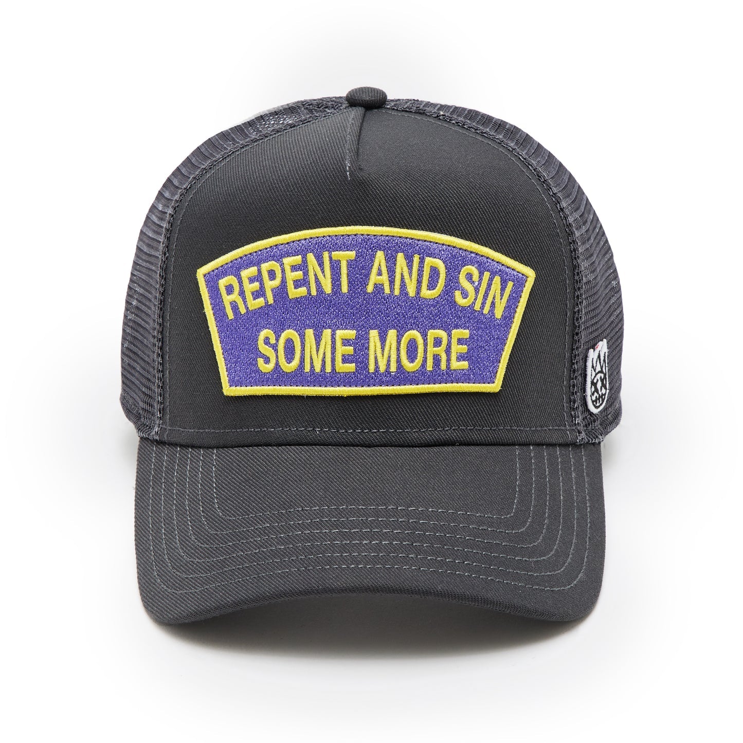 CULT FORGED IRON LOGO MESH BACK TRUCKER HAT "REPENT AND SIN SOME MORE" 625BC-CH73A