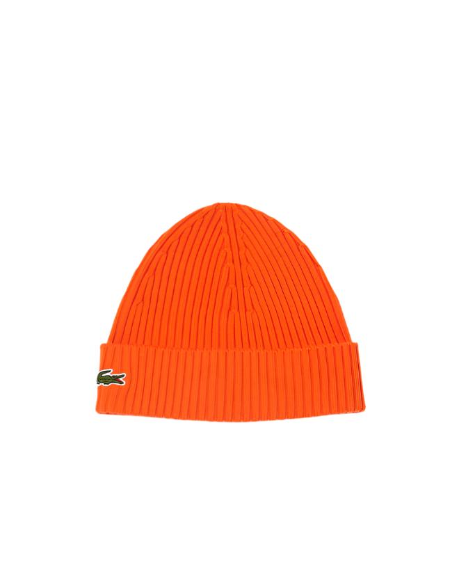 LACOSTE Unisex Rib Knit Brushed Wool Beanie ONE SIZE /ORANGE