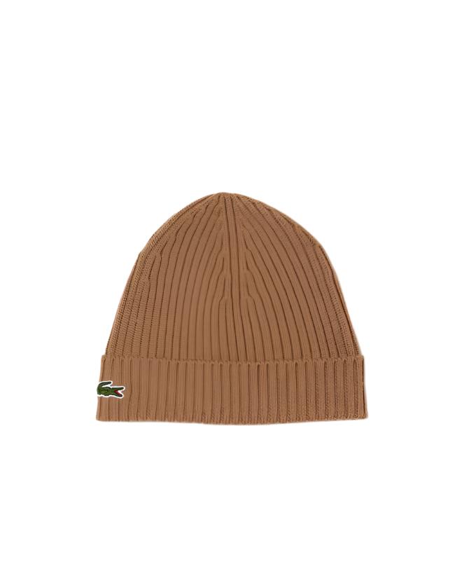 LACOSTE Unisex Rib Knit Brushed Wool Beanie ONE SIZE/TAN