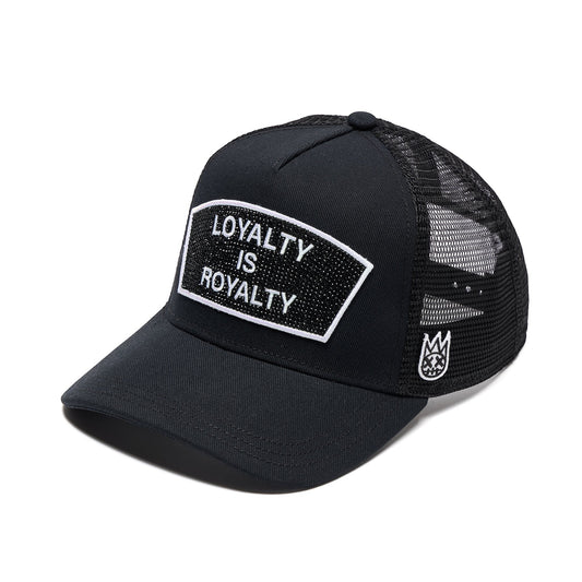 Ballers Clothing Shop black mesh trucker hat with Loyalty Is Royalty crystal patch and side crown embroidery