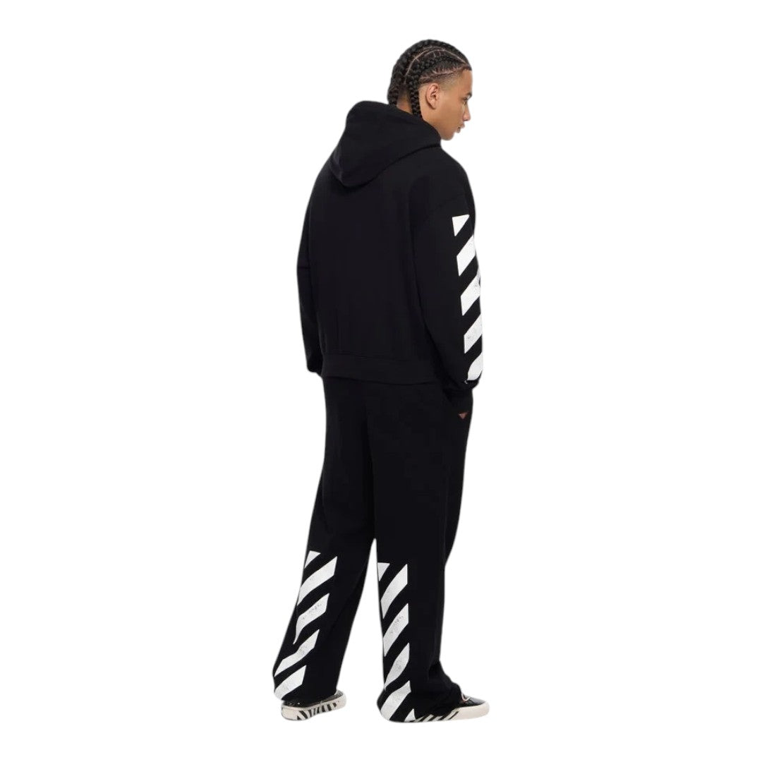 Ballers Clothing Shop model wearing black L/AB c/o Off-White cotton zip hoodie and matching pants with diagonal print