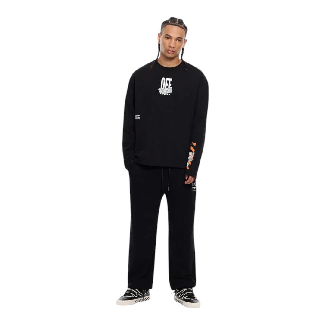 Model wearing Ballers Clothing Shop L/AB c/o Off-White black cotton long-sleeve t-shirt with Off Active tape graphic.