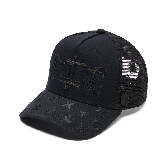 Ballers Clothing Shop black mesh back trucker hat with embroidered rope detail and geometric patterns on the brim.