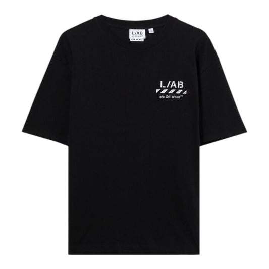 Ballers Clothing Shop black Off-White L/AB short sleeve t-shirt with white diagonal logo print on the chest.