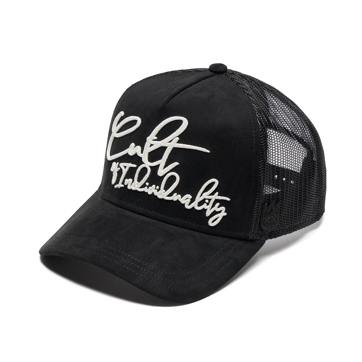 Ballers Clothing Shop black suede trucker hat with mesh back and white chain-stitch Cult of Individuality embroidery