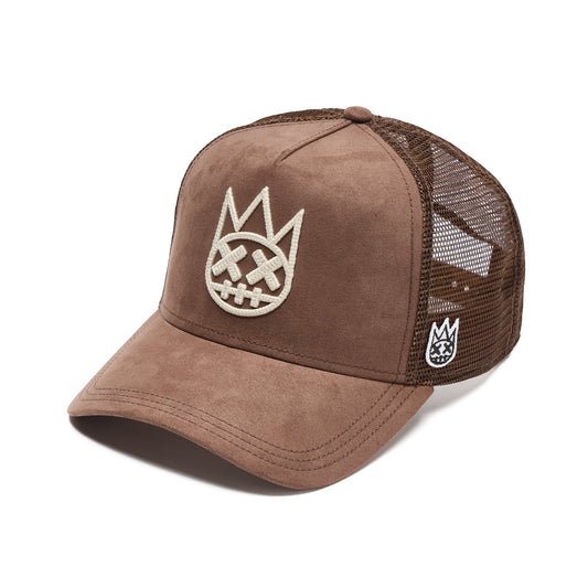 Ballers Clothing Shop pinecone brown suede trucker hat with mesh back and raised chain-stitch Shimuchan logo
