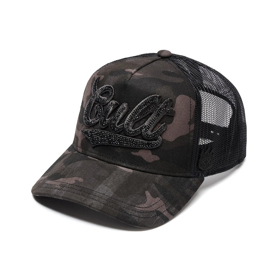 Ballers Clothing Shop camo trucker hat with black mesh back and crystal script logo on the front