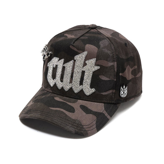 Ballers Clothing Shop camo mesh back trucker hat with Old English crystal CULT logo and side embellishment