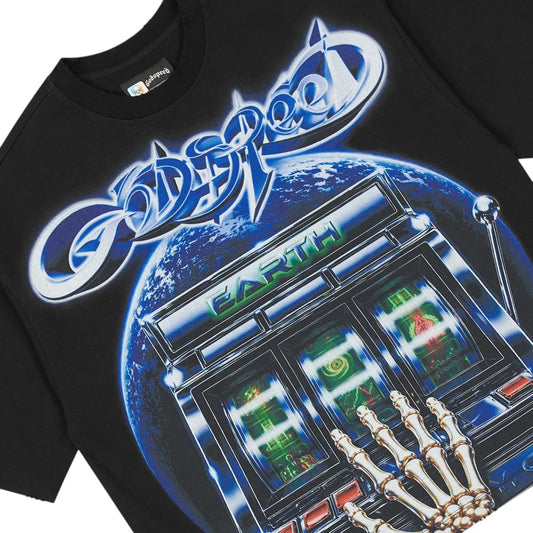 Ballers Clothing Shop GODSPEED POLYMRKT black mid-weight cotton t-shirt with earth and slot machine graphic print