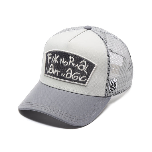 Ballers Clothing Shop grey and white mesh back trucker hat with FXXK NORMAL I WANT MAGIC embroidered patch