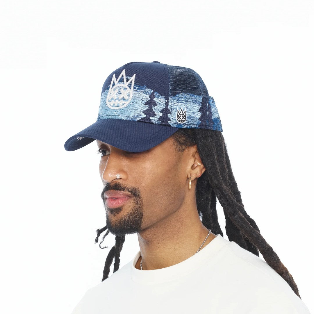 Ballers Clothing Shop navy blue mesh back trucker hat with mountain landscape print and crown logo embroidery