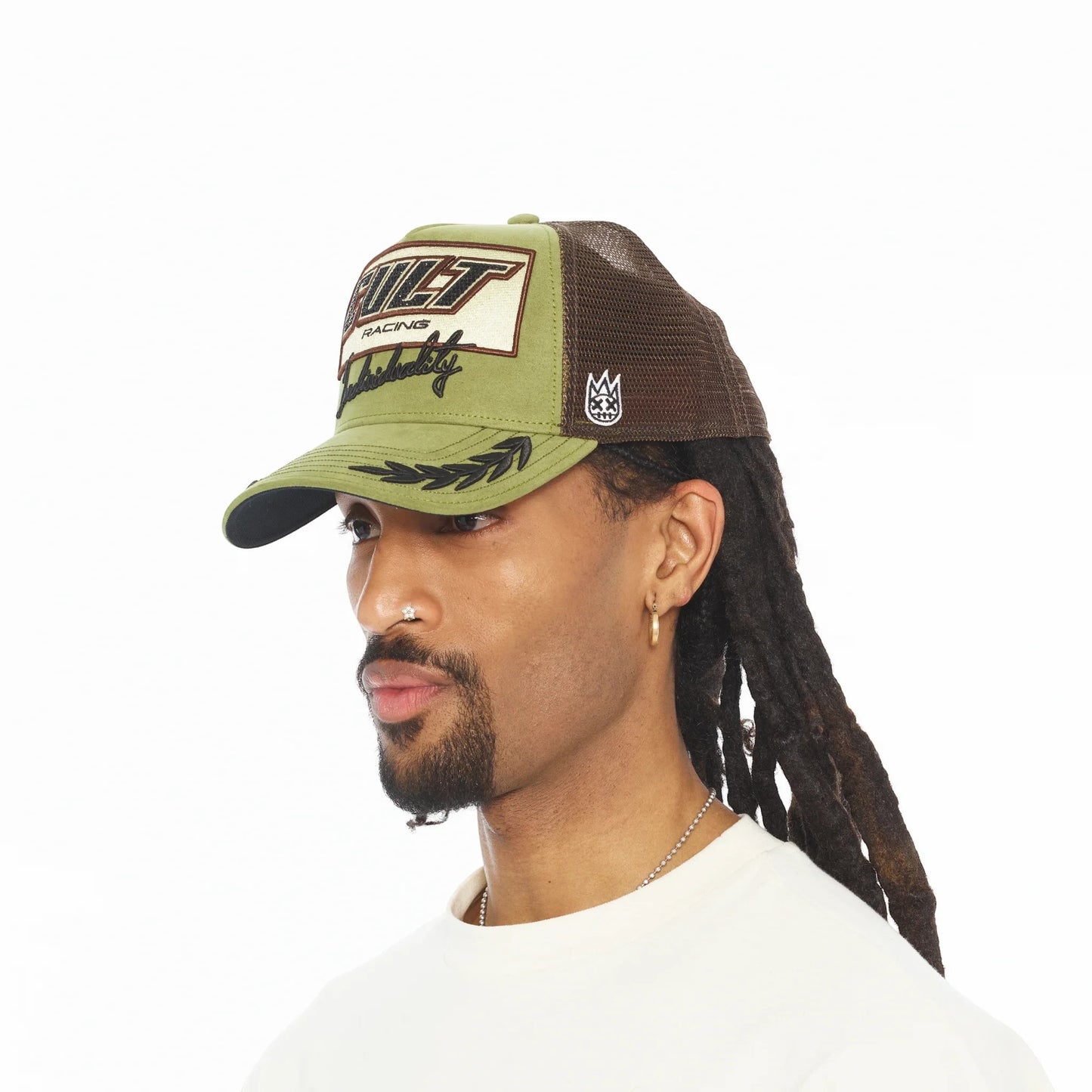 Ballers Clothing Shop olive and brown mesh back trucker hat featuring Cult Racing embroidery on a white background