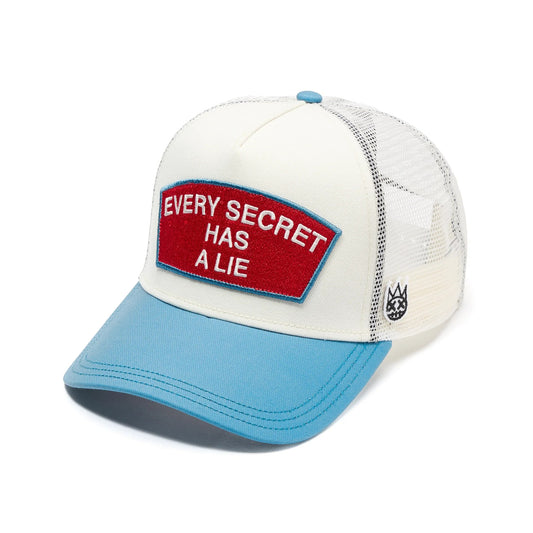 Ballers Clothing Shop winter white and blue mesh trucker hat with Every Secret Has A Lie red embroidered patch