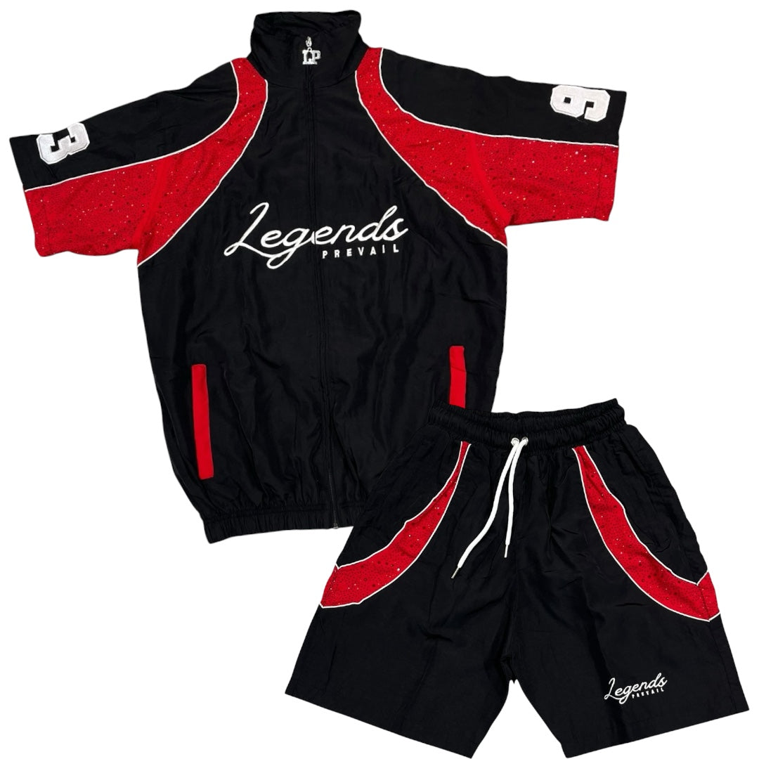LEGENDS PREVAIL RHINESTONE WINDBREAKER SHORT SET (BLACK/RED)