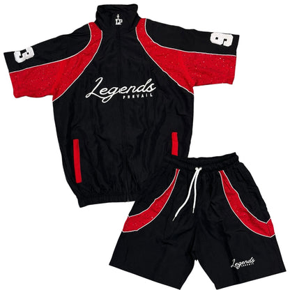 LEGENDS PREVAIL RHINESTONE WINDBREAKER SHORT SET (BLACK/RED)