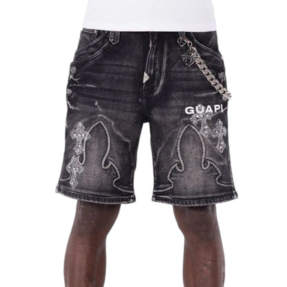 GUAPI 'FADED CROSS' DENIM SHORTS (BLACK)