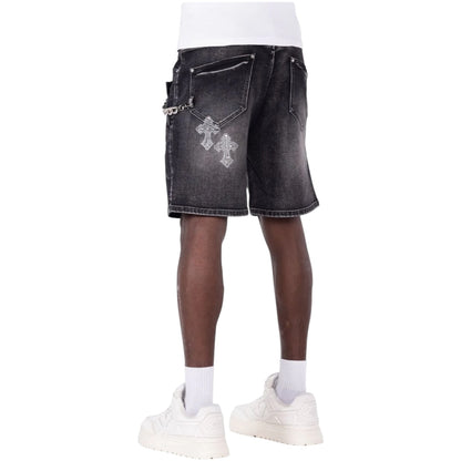 GUAPI 'FADED CROSS' DENIM SHORTS (BLACK)