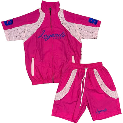 LEGENDS PREVAIL RHINESTONE WINDBREAKER SHORT SET (HOT PINK)