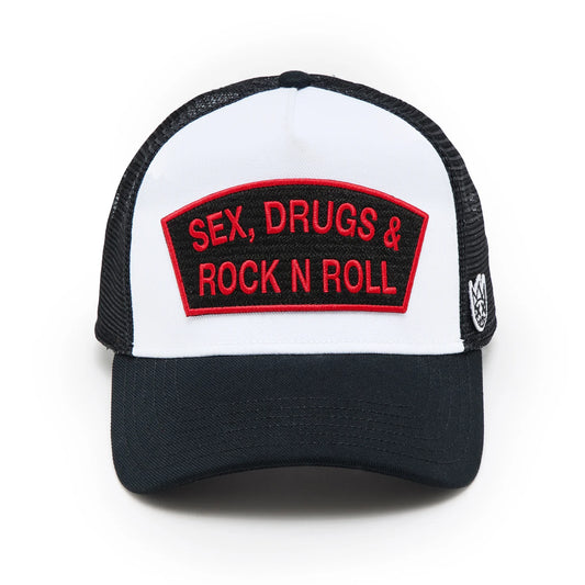 CULT WHT/RED TRUCKER HAT "SEX DRUGS ROCK N ROLL" 625BC-CH54A