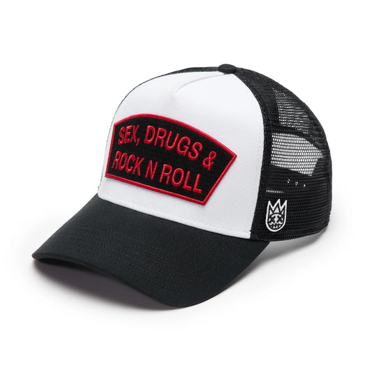 CULT WHT/RED TRUCKER HAT "SEX DRUGS ROCK N ROLL" 625BC-CH54A