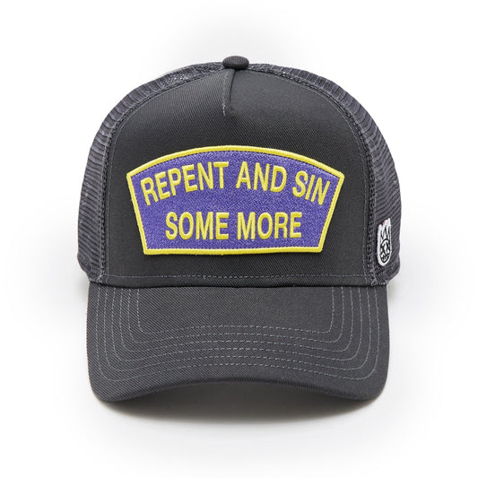 CULT FORGED IRON LOGO MESH BACK TRUCKER HAT "REPENT AND SIN SOME MORE" 625BC-CH73A