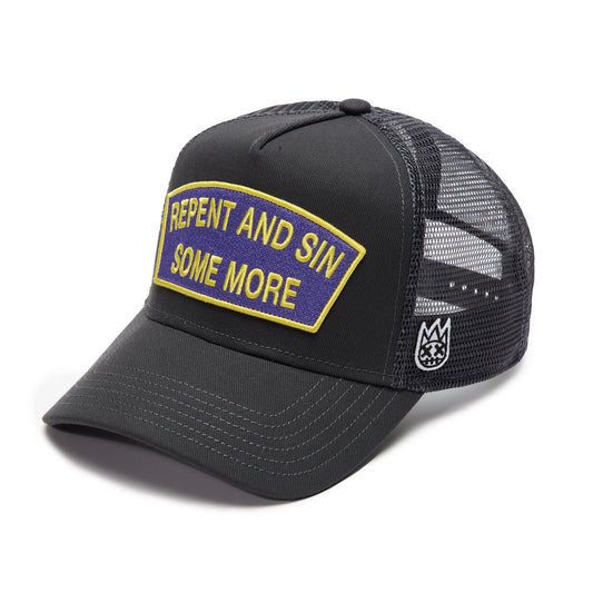 CULT FORGED IRON LOGO MESH BACK TRUCKER HAT "REPENT AND SIN SOME MORE" 625BC-CH73A