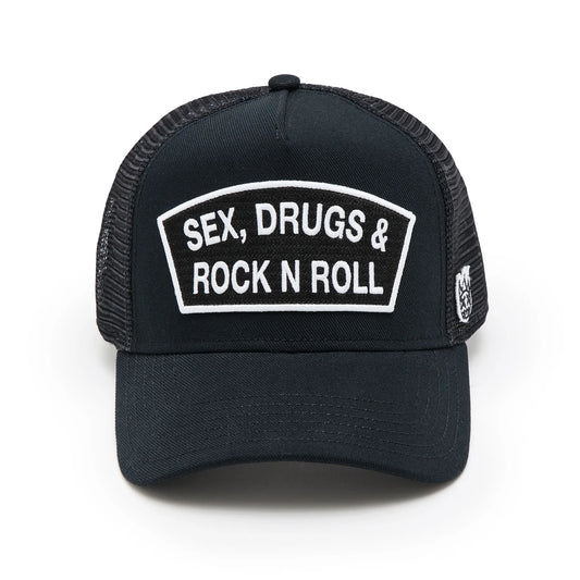CULT BLACK TRUCKER HAT "SEX DRUGS ROCK N ROLL" 625BC-CH82A