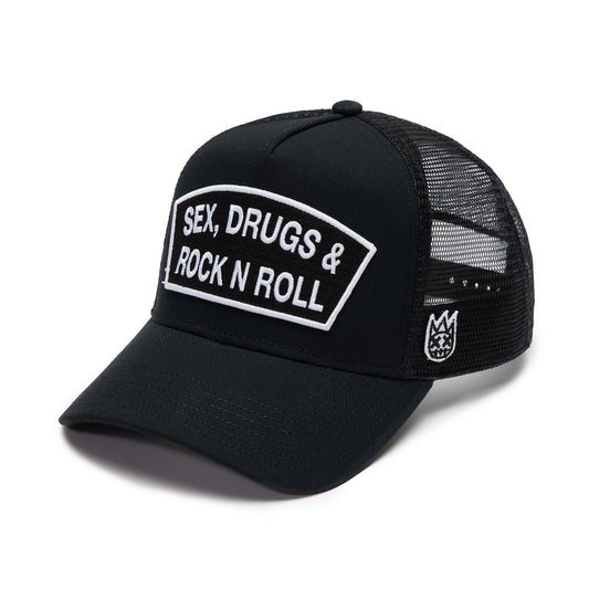 CULT BLACK TRUCKER HAT "SEX DRUGS ROCK N ROLL" 625BC-CH82A