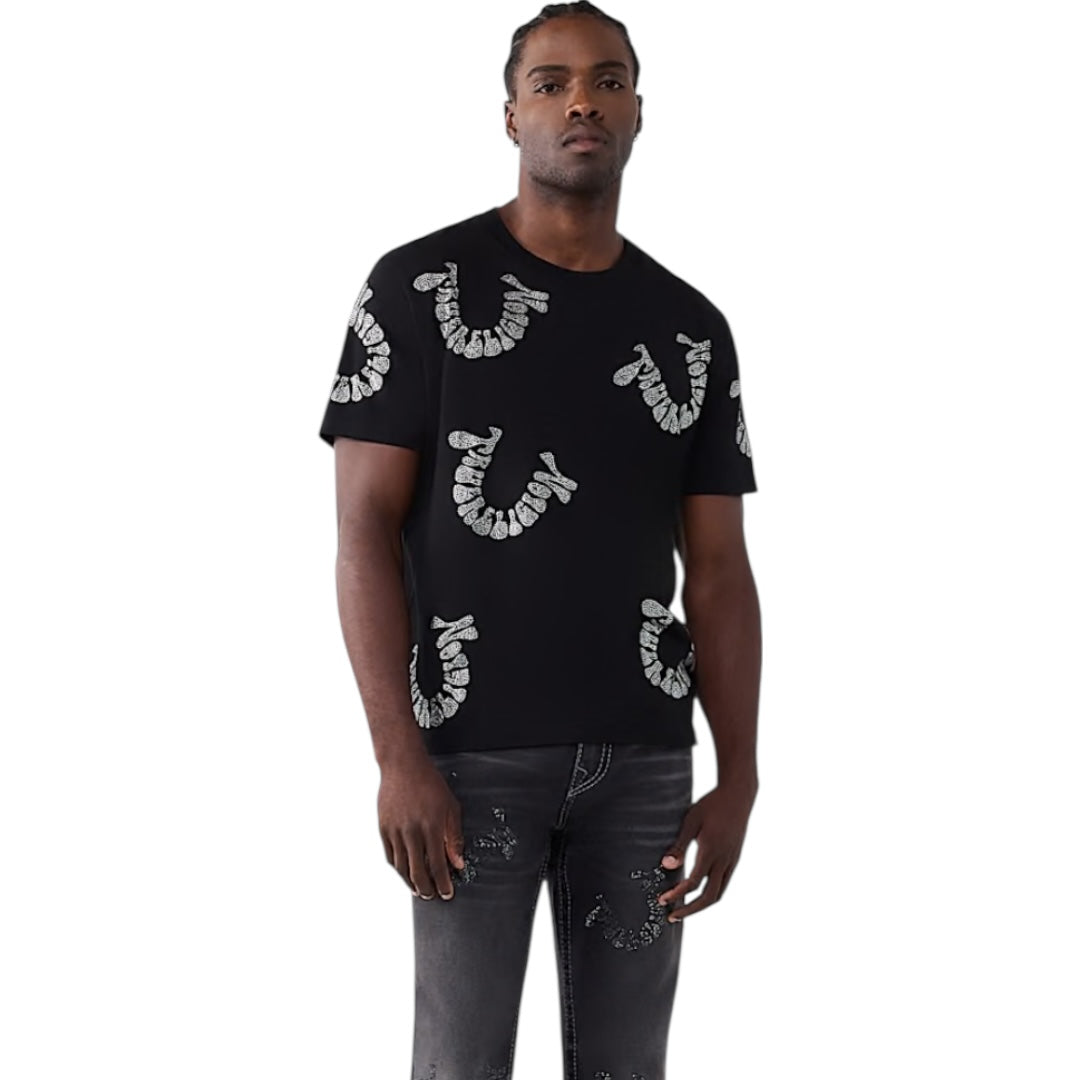 TRUE RELGION WARPED LOGO RHINESTONE HEAVYWEIGHT TEE