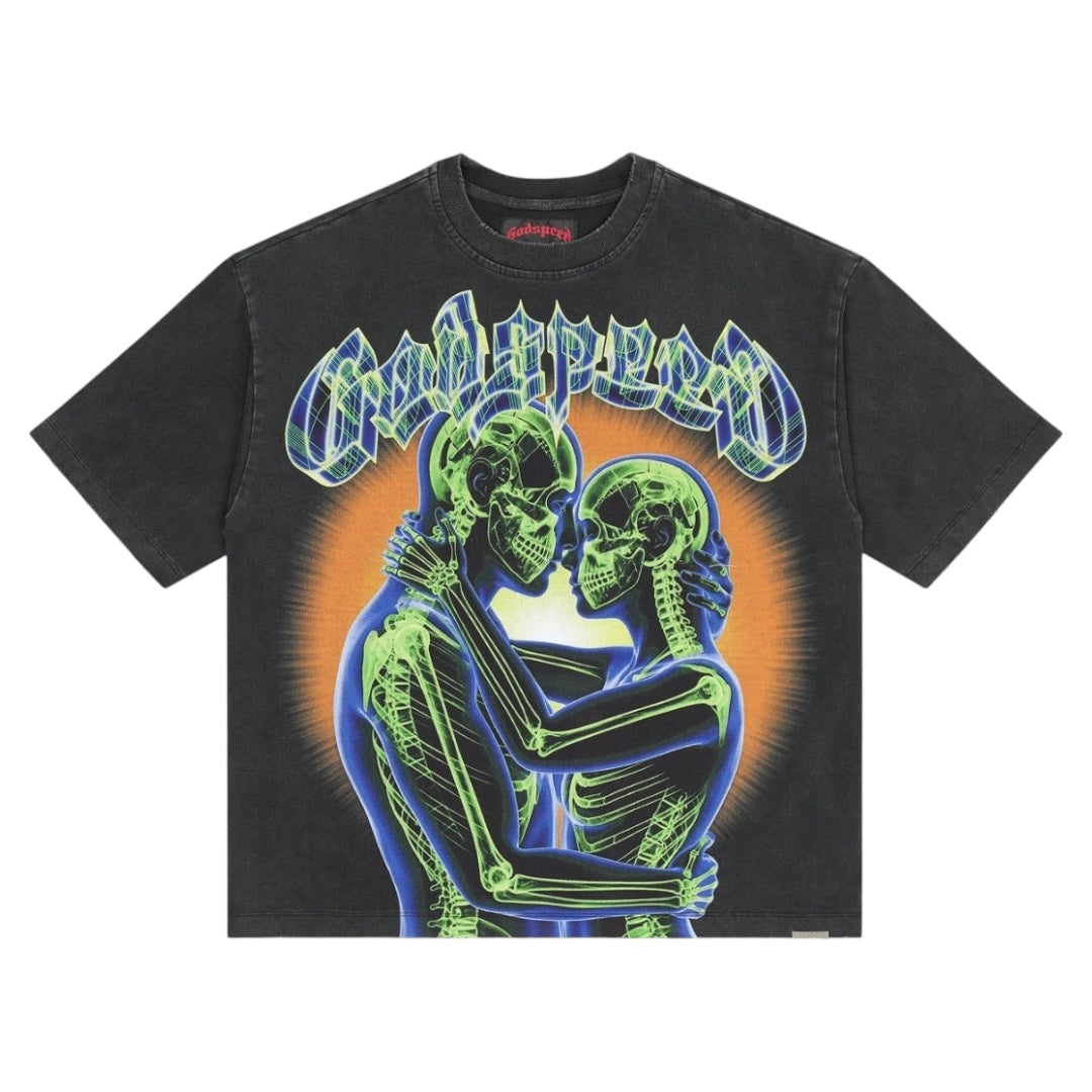Black t-shirt with a graphic of two skeletons embracing and the word 'Goodtimes' above them on a white background.