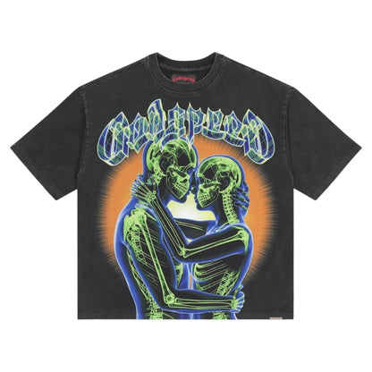 Black t-shirt with a graphic of two skeletons embracing and the word 'Goodtimes' above them on a white background.