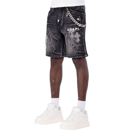 GUAPI 'FADED CROSS' DENIM SHORTS (BLACK)