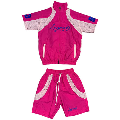 LEGENDS PREVAIL RHINESTONE WINDBREAKER SHORT SET (HOT PINK)
