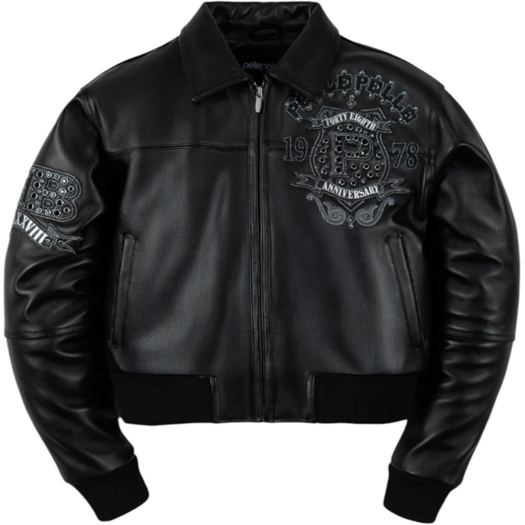 PELLE PELLE WOMEN CROPPED ‘UNRIVALED ANNIVERSARY’ LEATHER JACKET(BLACK/SILV)