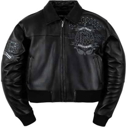 PELLE PELLE WOMEN CROPPED ‘UNRIVALED ANNIVERSARY’ LEATHER JACKET(BLACK/SILV)