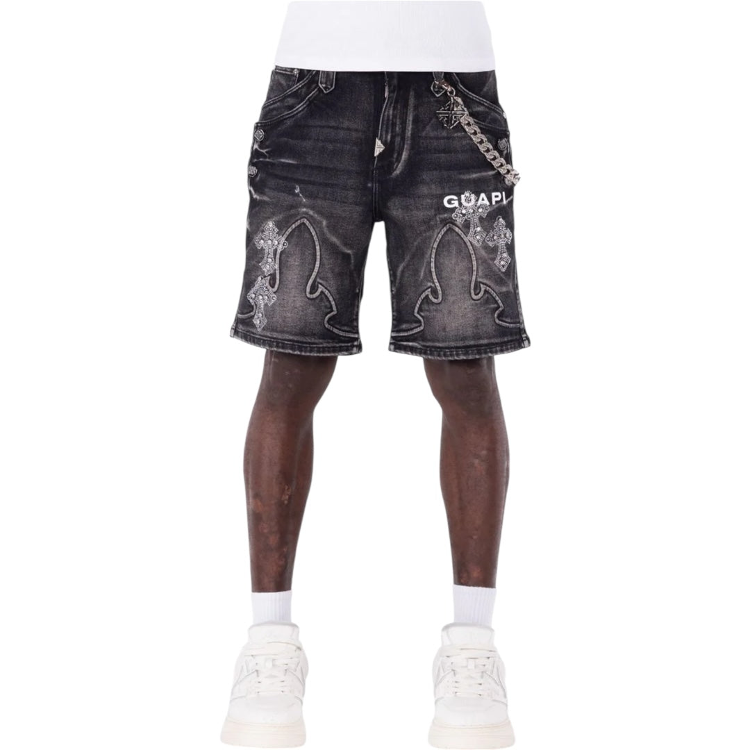 GUAPI 'FADED CROSS' DENIM SHORTS (BLACK)