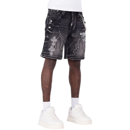 GUAPI 'FADED CROSS' DENIM SHORTS (BLACK)