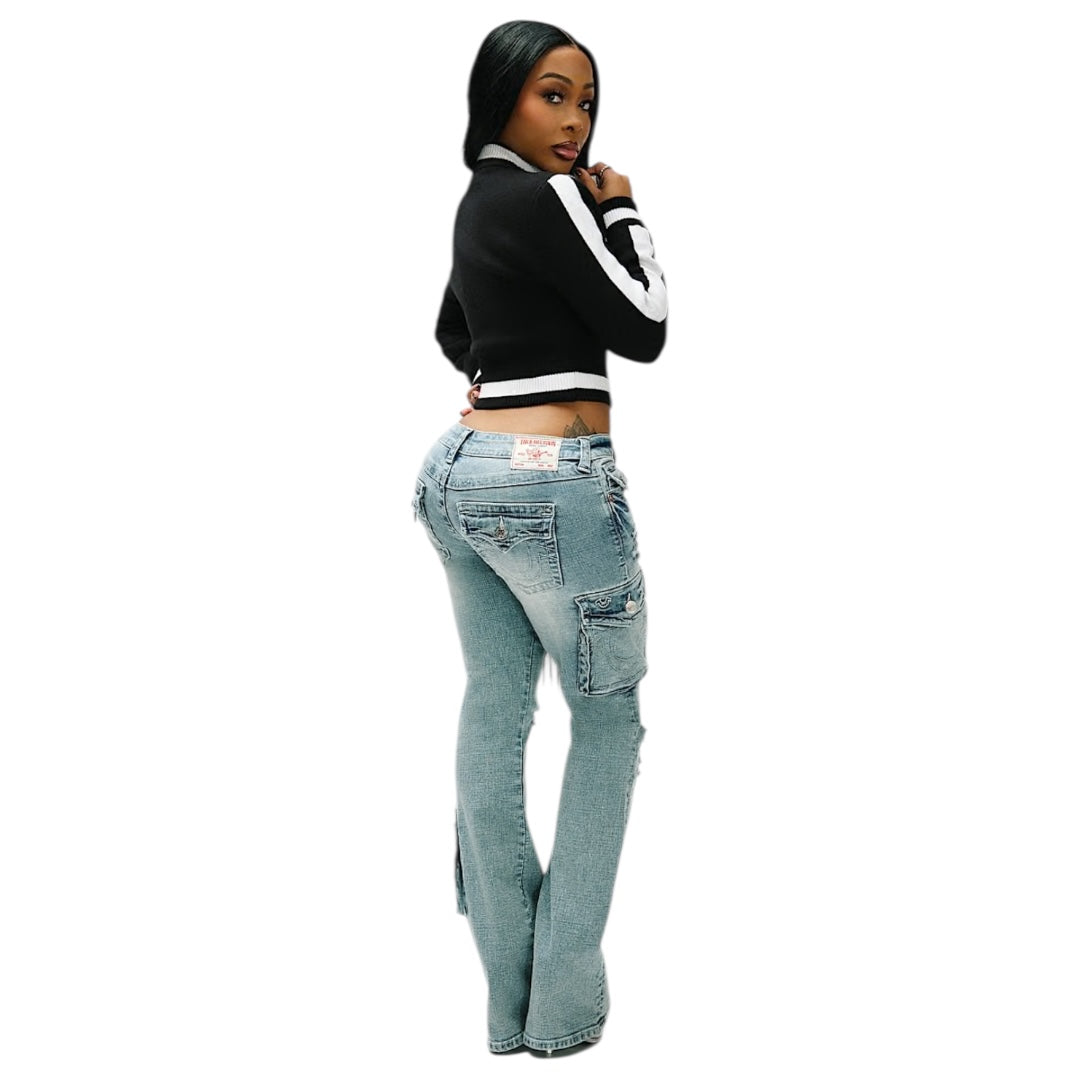 TRUE RELIGION BECCA LOW RISE CARGO FLAP BOOTCUT WOMEN JEAN