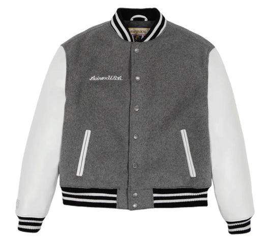 AVIREX 44AVC00BO99 AVIREX LEATHER VARSITY JACKET HEATHER GREY