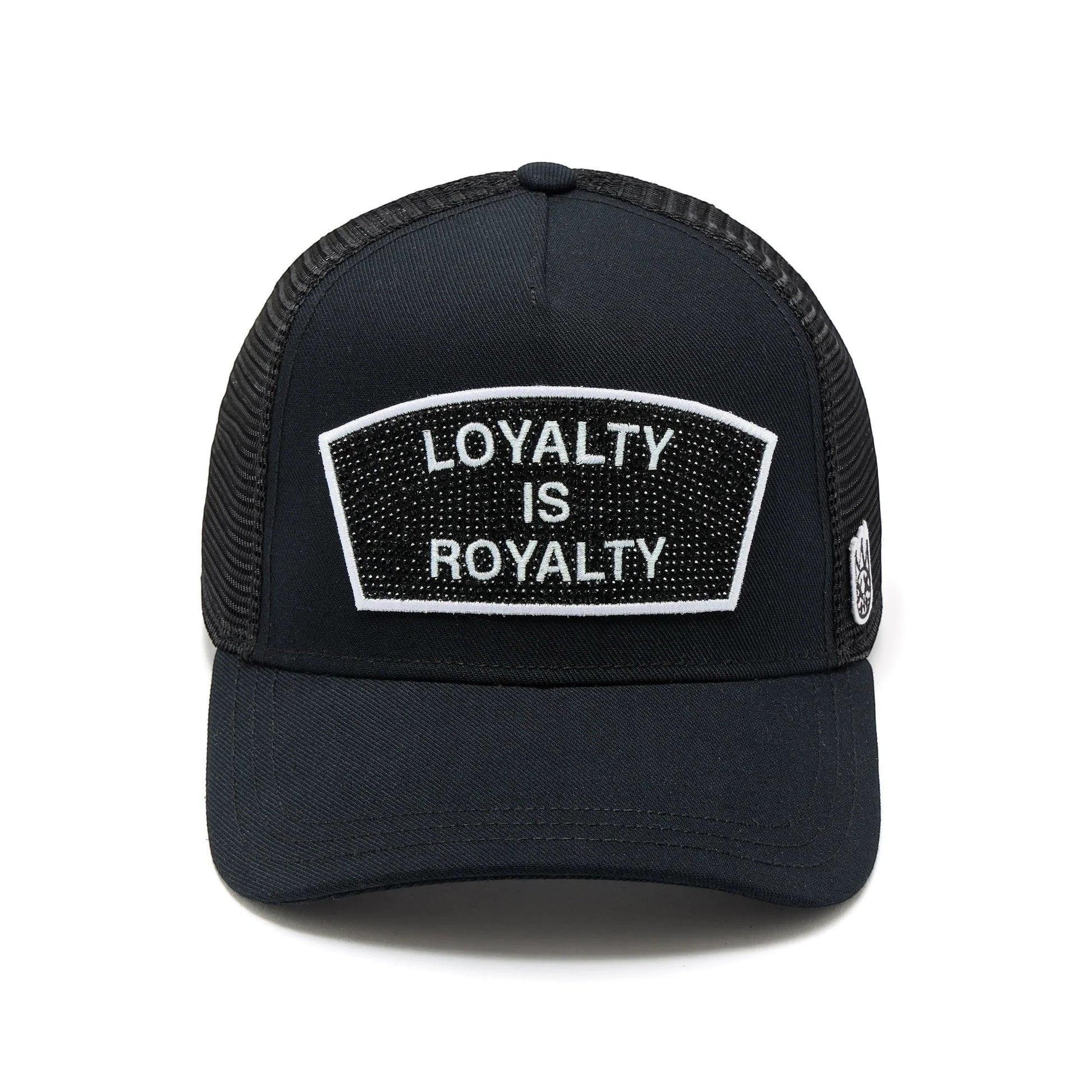 Ballers Clothing Shop black mesh back trucker hat with Loyalty Is Royalty crystal embroidered patch