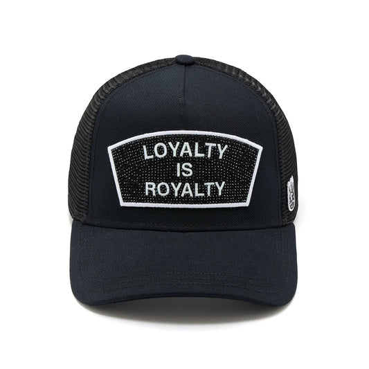 Ballers Clothing Shop black mesh back trucker hat with Loyalty Is Royalty crystal embroidered patch