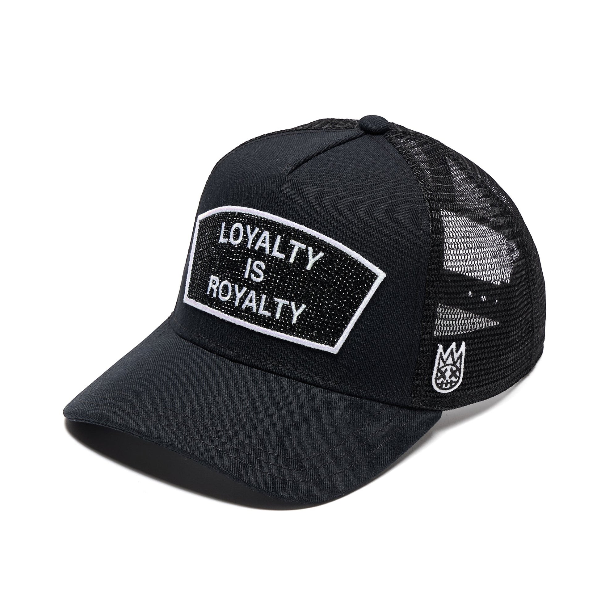 Ballers Clothing Shop black mesh trucker hat with Loyalty Is Royalty crystal patch and side crown embroidery