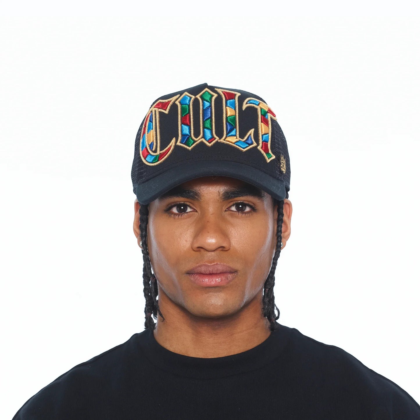 Ballers Clothing Shop black mesh back trucker hat with vibrant stained glass style Cult embroidery and gold outline