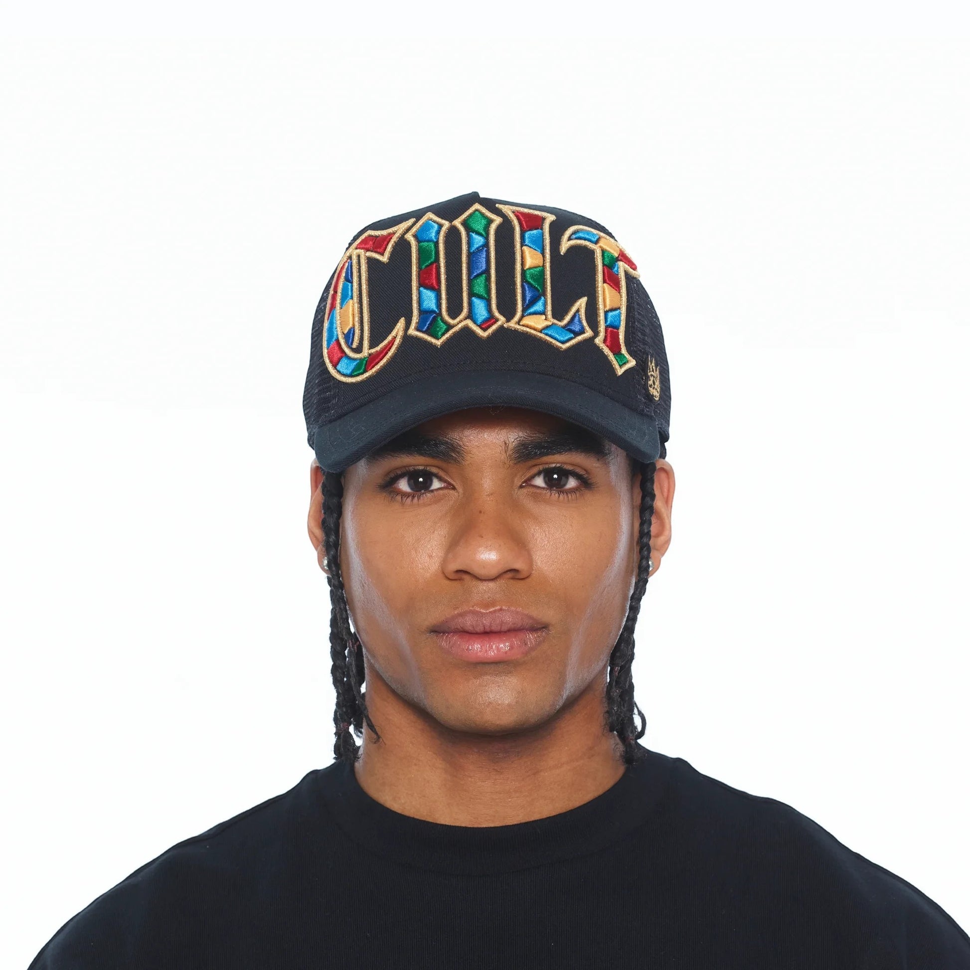 Ballers Clothing Shop black mesh back trucker hat with vibrant stained glass style Cult embroidery and gold outline
