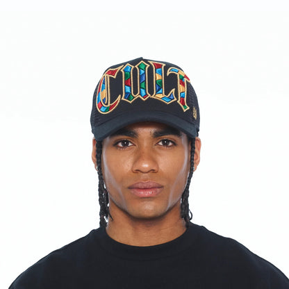 Ballers Clothing Shop black mesh back trucker hat with vibrant stained glass style Cult embroidery and gold outline