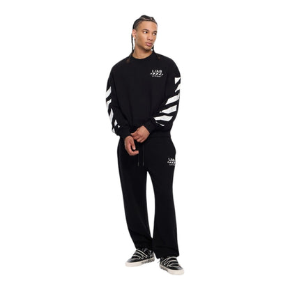 Model wearing Ballers Clothing Shop L/AB c/o Off-White black cotton crewneck sweater with white sleeve diagonal print