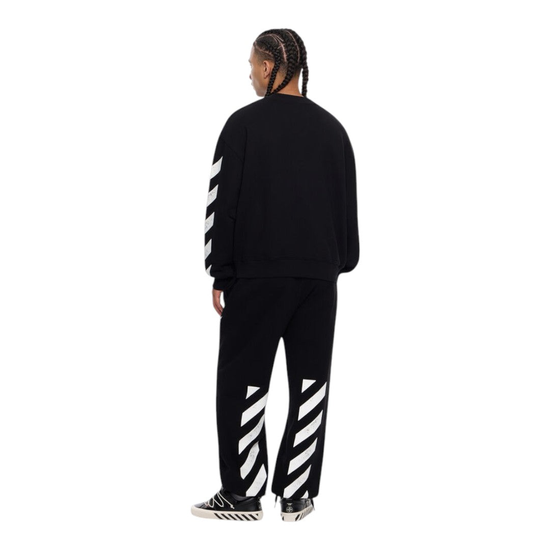 Ballers Clothing Shop black L/AB c/o Off-White crewneck sweater with white diagonal sleeve motifs worn by a model