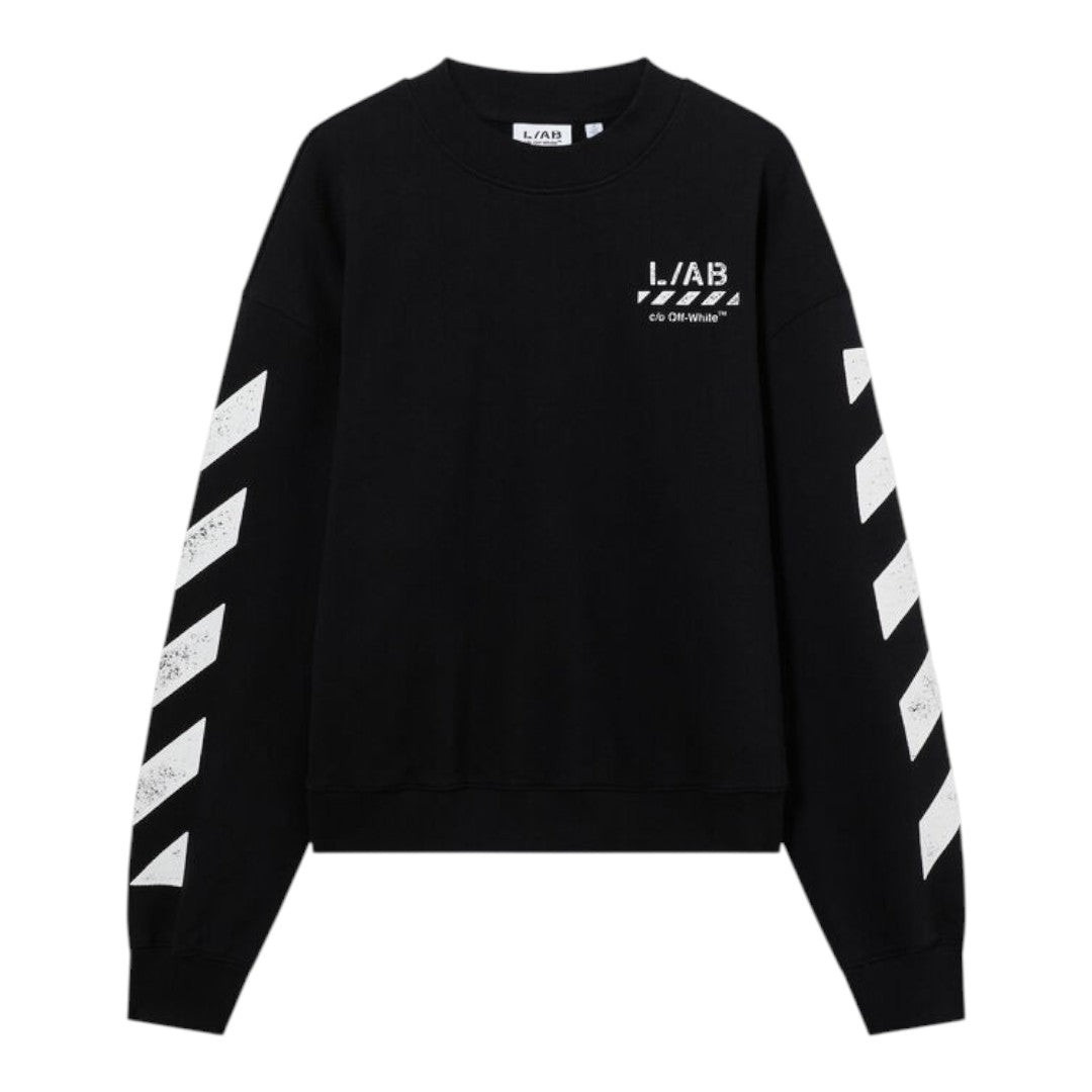 Ballers Clothing Shop L/AB c/o Off-White black cotton crewneck sweatshirt with white diagonal sleeve print and logo