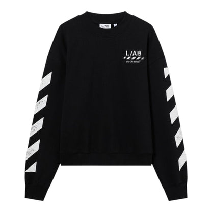 Ballers Clothing Shop L/AB c/o Off-White black cotton crewneck sweatshirt with white diagonal sleeve print and logo