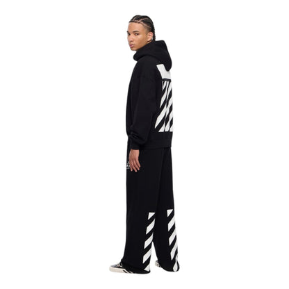 Ballers Clothing Shop black L/AB c/o Off-White cotton hoodie with white diagonal back print worn by a male model